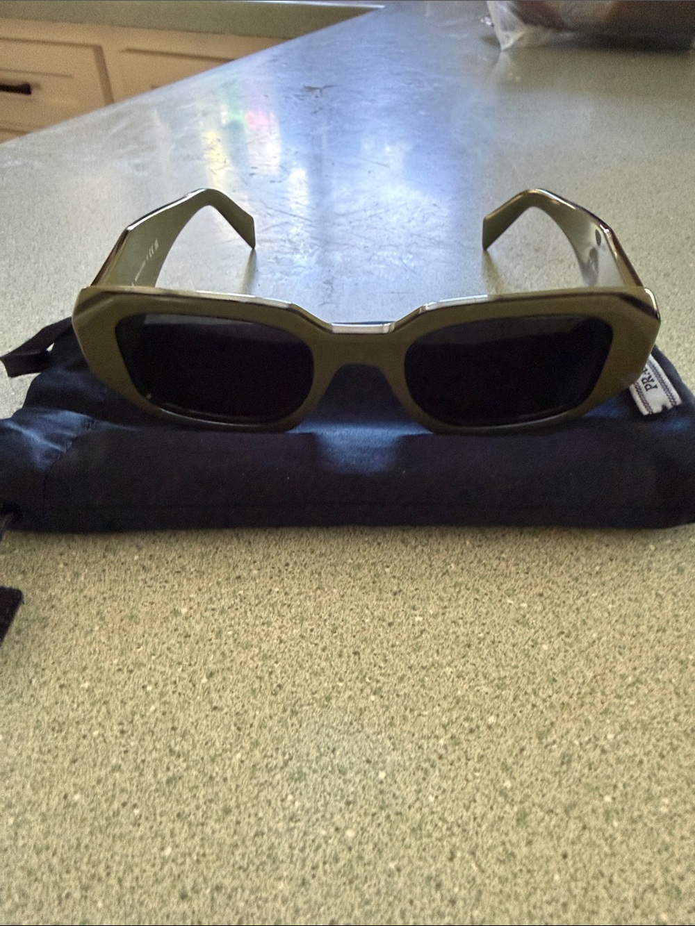 Prada Olive Green Rectangular Sunglasses with Black Lenses
